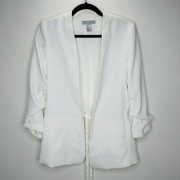 H&M Cream Linen Blend Fitted Blazer Jacket Hook & Eye Front 3/4 Ruched Sleeves 4 - Picture 1 of 12